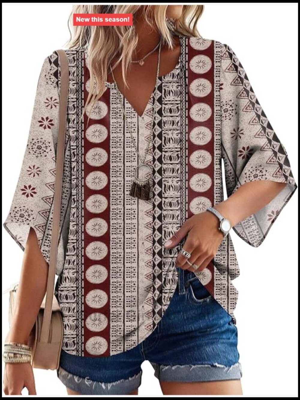 Boho 3/4 Sleeve Loose Fit V Neck Tunic Peasant Blouse Rayon Blend